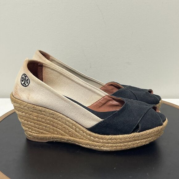 Tory‎ Burch Espadrille Shoes Women 9 B Filipa Black Beige Canvas Peep Toe Wedge - Picture 1 of 12